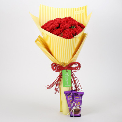 

Ferns N Petals 20 Carnations Bouquet & Dairy Milk Silk Combo Combo(550gms)