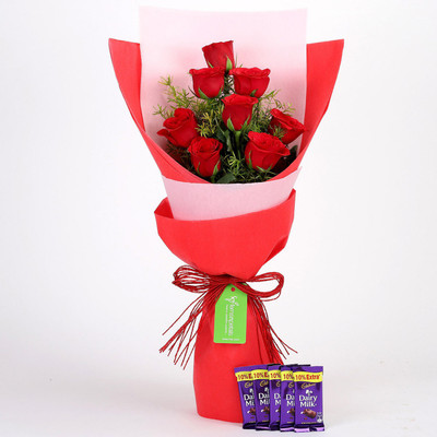 

Ferns N Petals 8 Red Roses Beautifully Wrapped with 5 Chocolates for Birthday/Anniversary/Valentine's Gifting Combo(200gm)