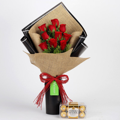 

Ferns N Petals 10 Red Roses Beautifully Wrapped with One Box Chocolate for Birthday/Anniversary/Valentine's Gifting Combo(200gm)