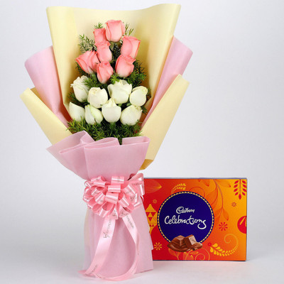 

Ferns N Petals Pink & White Roses Beautifully Wrapped with Chocolate Celebrations for Birthday/Anniversary/Valentine's Gifting Combo(200gm)