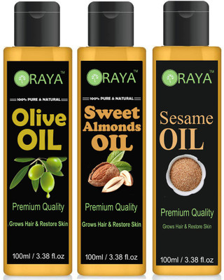 

ORAYA 100% Organic Extra Light Olive Oil And Sweet Almond Oil & Sesame Oil- For Hair Growth , Hair Treatment Oil-(100ml)-Pack of-3-Bottle(300ml)- Hair Oil(300 ml)