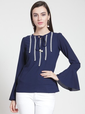 PLUSS Casual Bell Sleeve Embroidered Women Blue Top