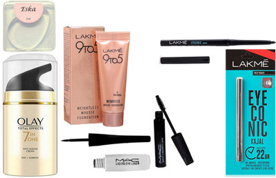 

Eska Silicon puff, Weightless mousse foundation, Eyeliner , mascara, kajal pack of 2, total effects 7 in one Anti ageing day cream(Set of 7)