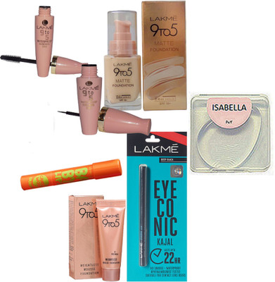 

ISABELLA Silicon Puff & Lakme 9 TO 5 Matte Foundation & Lakme 9 TO 5 Mascara & Eyeliner & Lakme Weightless Mousse Foundation & Lakme Eyeconic Kajal & Maybeline Baby Lip Balm(Set of 7)