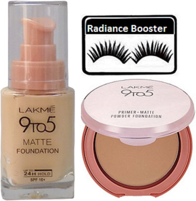 

radiance booster Eyelashes & Lakme 9 to 5 Matte Foundation & Primer Matte Compact(Set of 3)