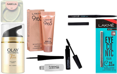 

ISABELLA silicon puff & lakme eyeconic kajal 2 & mascara & eyeliner & olay total effects 7 in 1 anti ageing Day cream & lakme 9 to 5 weightless mousse foundation(Set of 7)