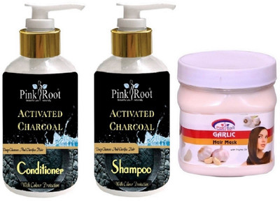 

Pink Root Activated Charcoal Shampoo, Conditioner with Garlic Hair Mask(Set of 3)