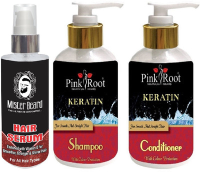 

Pink Root Kertain Shampoo, Conditioner with Mister Beard Hair Serum(Set of 3)