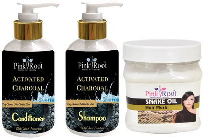 

Pink Root Activated Charcoal Shampoo, Conditioner with Snake Oil Mask(Set of 3)