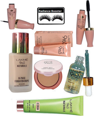 

radiance booster Eyelashes & Lakme 9 to 5 Naturale BI-Phase Foundation & Primer Matte Compact & Gold Radiance Face Serum & Naturale CC Cream & Weightless Mousse Foundation & Mascara+Eyeliner(Set of 8)