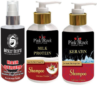 Pink Root Milk Protein Shampoo, Conditioner with Mister Beard Hair Serum(Set of 3)