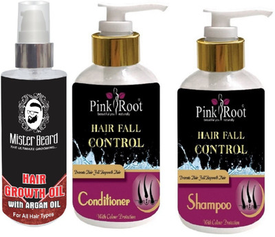 

Pink Root Hair Fall Control Shampoo, Conditioner with Mister Beard Argan Hair Regrowth Oil(Set of 3)
