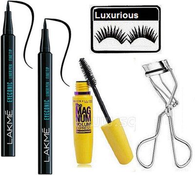 

luxurious Eyelashes & Maybelline the Magnum Mascara & Lakme Pen Eyeliner (Pack of 2) Eyelashes Curler(Set of 5)