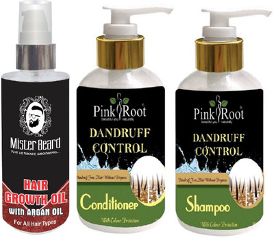 

Pink Root Dandruff Control Shampoo, Conditioner with Mister Beard Argan Hair Regrowth Oil(Set of 3)