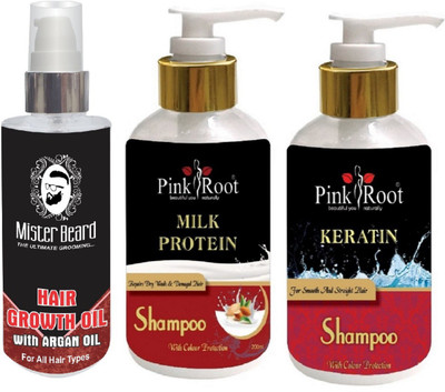 

Pink Root Milk Protein Shampoo, Conditioner with Mister Beard Argan Hair Regrowth Oil(Set of 3)