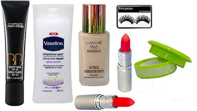 

pink palace Eyelashes, body lotion, foundation, lipstick pack of 2, prep+prime cream, Nail paint remover(Set of 7)