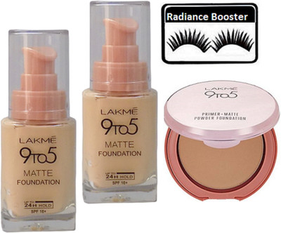 

radiance booster Eyelashes & Lakme 9 to 5 Matte Foundation (Pack Of 2) & Primer Matte Compact(Set of 4)