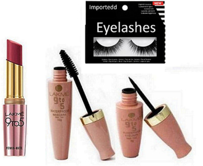 Importedd Eyelashes, Lakme 9to5 Primer-Matte lipstick, Waterproof Mascara and Eyeliner(Set of 4)