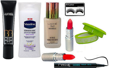 

pink palace Eyelashes, body lotion, foundation, pen eyeliner, lipstick pack of 2, prep+prime cream, Nail paint remover(Set of 8)