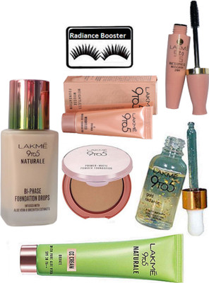 

radiance booster Eyelashes & Lakme 9 to 5 Naturale BI-Phase Foundation & Primer Matte Compact & Gold Radiance Face Serum & Naturale CC Cream & Weightless Mousse Foundation & Mascara(Set of 6)