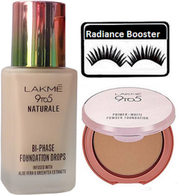 

radiance booster Eyelashes & Lakme 9 to 5 Naturale BI-Phase Foundation & Primer Matte Compact(Set of 3)