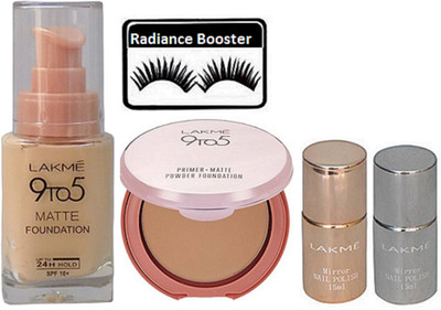 radiance booster Eyelashes & Lakme 9 to 5 Matte Foundation & Primer Matte Compact & Miror Nail Paint (Pack OF 2)(Set of 5)