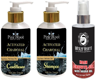 

Pink Root Activated Charcoal Shampoo, Conditioner with Mister Beard Argan Hair Regrowth Oil(Set of 3)