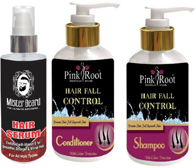 

Pink Root Hair Fall Control Shampoo, Conditioner with Mister Beard Hair Serum(Set of 3)