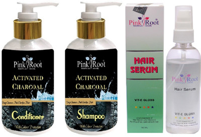 

Pink Root Activated Charcoal Shampoo, Conditioner with Hair Serum(Set of 3)
