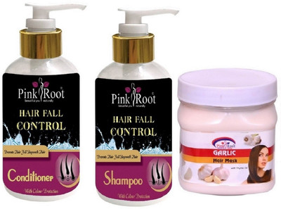 

Pink Root Hair Fall Control Shampoo, Conditioner with Garlic Hair Mask(Set of 3)