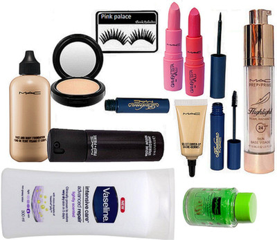 

pink palace Eyelashes, face and body founadtion, highlighter, concealer, Nail paint remover, eyeliner & mascara, compact, moisture face serum, lipstick of 2, body lotion(Set of 12)