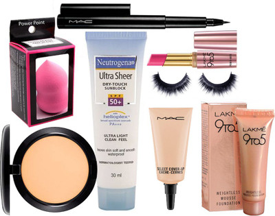 

powerpoint Sponge Puff& Compact&, SPF 50+, 30ml&Eyelashes& Mousse& Pen Eyeliner&Primer Lipstick(Set of 8)