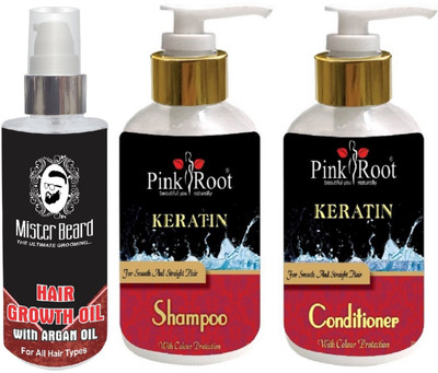 

Pink Root Kertain Shampoo, Conditioner with Mister Beard Argan Hair Regrowth Oil(Set of 3)