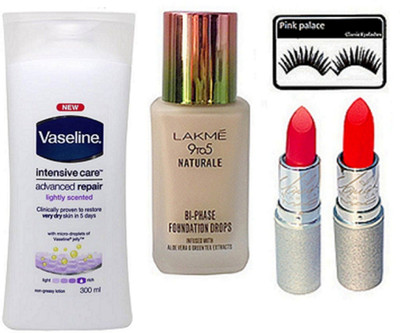 

pink palace Eyelashes, body lotion, foundation, lipstick pack of 2(Set of 5)