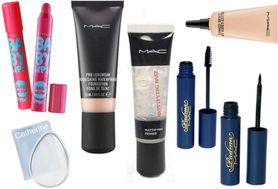 

catherine silicon puff, foundation, primer, eyeliner and mascara, concealer, lip balm(Set of 8)