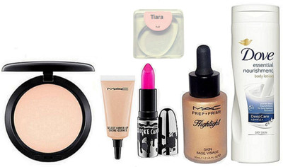 

tiara Silicon Puff , Lotion , Highligter , Compact , pink Lipstick , Concealer(Set of 6)