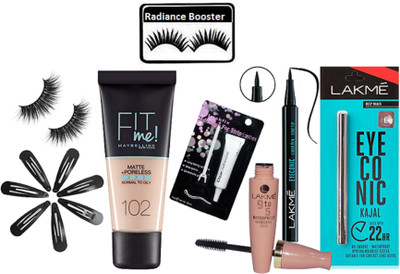 

radiance booster Eyelashes & Maybelline Fit Me Foundation & Lakme 9 to 5 Mascara+Eyeliner & Eyeconic Kajal & Eyelashes Glue & Hair Clip (Pack Of 7)(Set of 15)