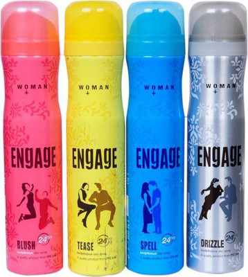 

Engage BODY SPRAY COMBO SPELL,BLUSH,TEASE,DRIZZLE 150ML EACH Deodorant Spray - For Women(700 ml, Pack of 4)