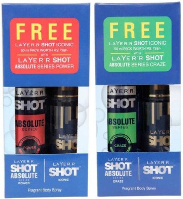 

Layer'r Shot Absolute Series POWER & CRAZE get Iconic 50 ml with each Pack of 4 Fragrant Body Spray - For Men(370 ml, Pack of 2)