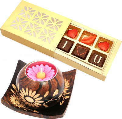 

Ghasitaram Gifts Candles-Set of 2 Wooden Candles with Tray with Valentine Chocolate Box Combo(2)
