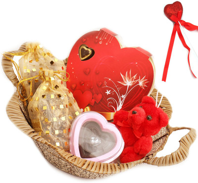 

Ghasitaram Gifts Chocolates-Brown Basket of Valentine Chocolates Heart Box, Nutties, Chocolate Brittles, Teddy and Chocolate Heart Game Combo(7)
