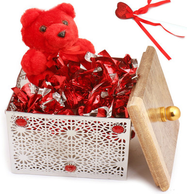 

Ghasitaram Gifts Chocolates-Siver Wooden Box with Teddy and Chocolates Combo(4)
