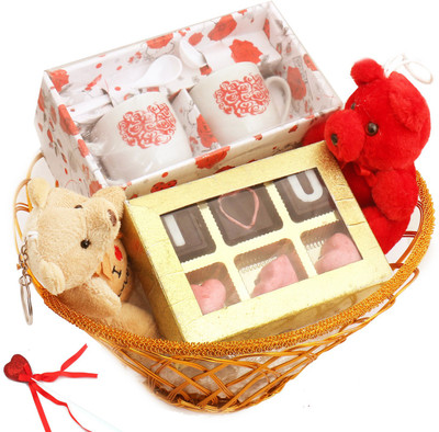 

Ghasitaram Gifts Chocolates-Golden Wired Basket with Valentine Chocolates, Teddy and Cup Set Combo(6)