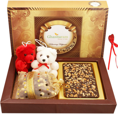 

Ghasitaram Gifts Chocolates-Walnut Chocolate Bark Big with Teddies and Nutties Combo(5)