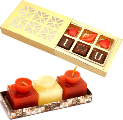 

Ghasitaram Gifts Candles Set of 3 Coffee Cups Scented Candles with Valentine Chocolate Box Combo(2)