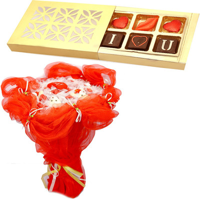 

Ghasitaram Gifts Valentine Gifts- 6 Teddies and 28 Roses Bouquet V-279 with Valentine Chocolate Box Combo(2)