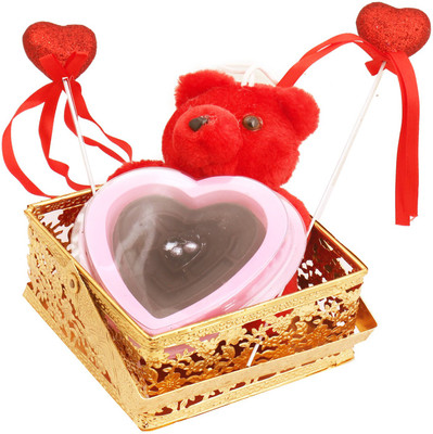

Ghasitaram Gifts Chocolates-Golden Small basket with Teddy,Heart Game Chocolate and 2 Heart Sticks Combo(5)
