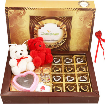 

Ghasitaram Gifts Chocolates-Big Box of Sheen Chocolate Hearts with Teddies, Keychain Set, Heart Game Chocolate and Fridge Magnet Combo(7)