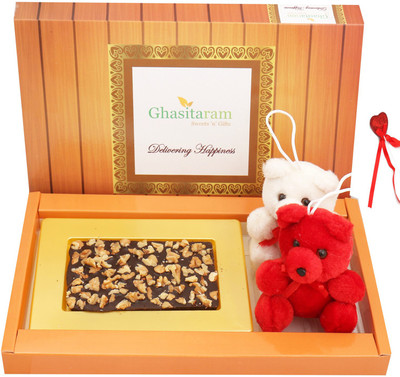 

Ghasitaram Gifts Chocolates-Walnut Chocolate Bark Small with Teddies Combo(4)