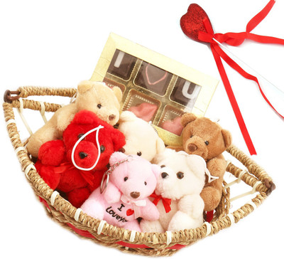 

Ghasitaram Gifts Chocolates-Boat Basket of teddies and Valentine Chocolates Combo(9)